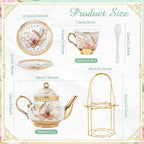 Zhehao 20 Pcs Porcelain Tea Set with Metal Holder and Spoon Adult Ceramic Tea Party Set European Flower Painting Teapot Cup Saucer Spoon Set for Women, Large Version(Traditional Style)