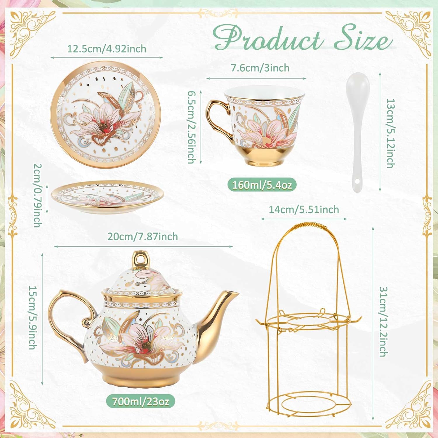 Zhehao 20 Pcs Porcelain Tea Set with Metal Holder and Spoon Adult Ceramic Tea Party Set European Flower Painting Teapot Cup Saucer Spoon Set for Women, Large Version(Traditional Style)