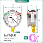 -30inHG-0psi Stainless Steel Glycerin Liquid Filled Vacuum Pressure Gauge 1/4" NPT 2.5" Face Dial Center Lower Mount, for Water, Oil and Air Pressure Testing (with Range Mark Pointer)