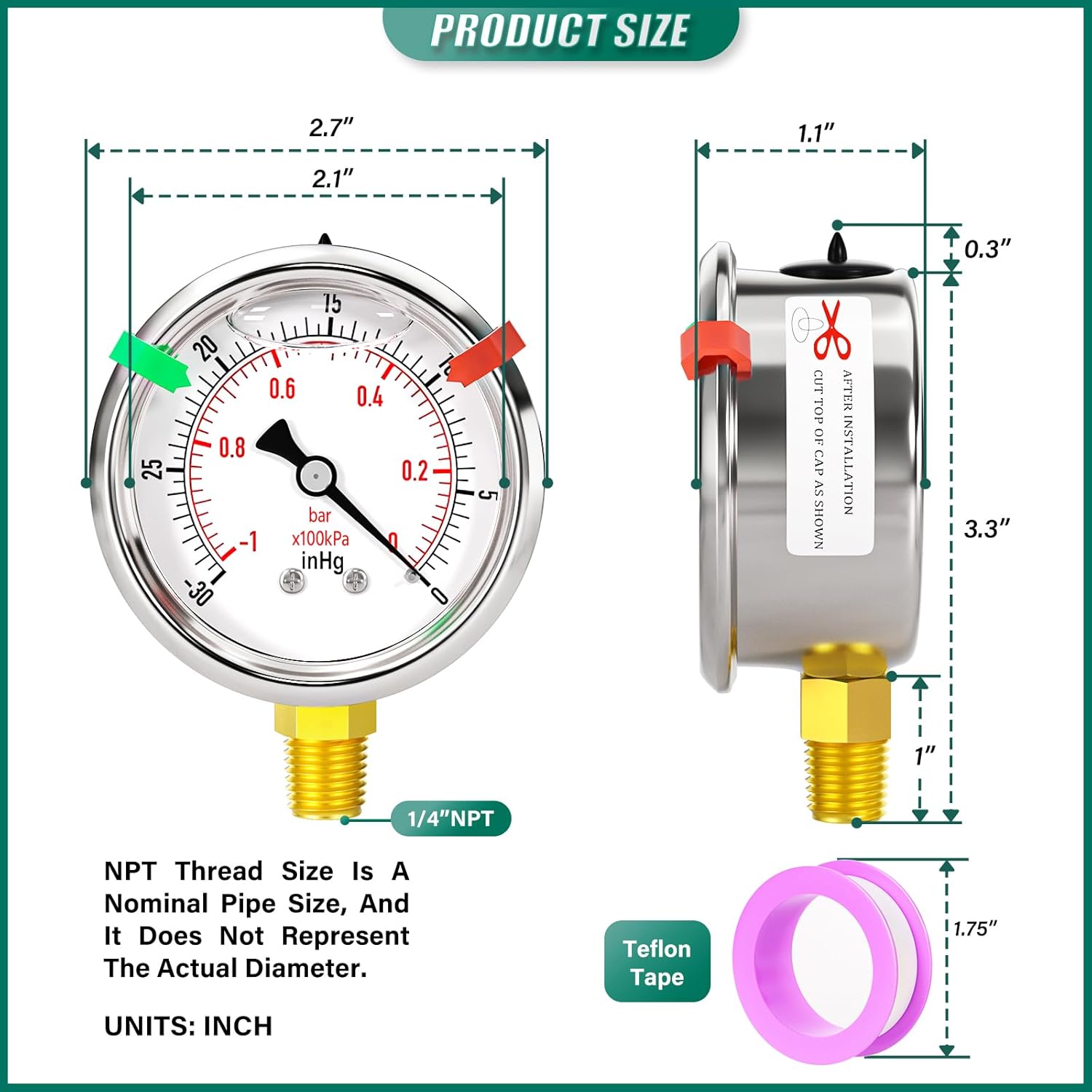 -30inHG-0psi Stainless Steel Glycerin Liquid Filled Vacuum Pressure Gauge 1/4" NPT 2.5" Face Dial Center Lower Mount, for Water, Oil and Air Pressure Testing (with Range Mark Pointer)
