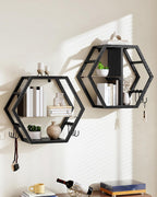 Hexagon Floating Shelves Set of 2, Glass Hanging Shelves for Wall Decor, Industrial Style Wall Storage Rack and 12 S-Hooks, for Living Room, Bedroom, Office, Game Center, Black TBJ08BB
