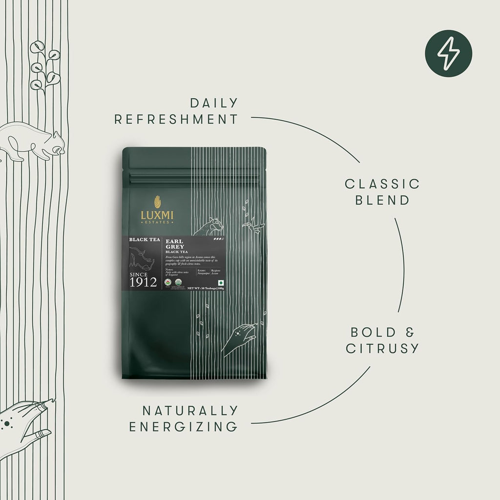Luxmi Estates Garo Hills Organic Earl Grey Black Tea 50 Tea Bags (100gm) Pack | USDA Organic - Earl Grey Tea Bags | 100% Natural Bergamot Extracts | 50 Cups |Assam Black Tea