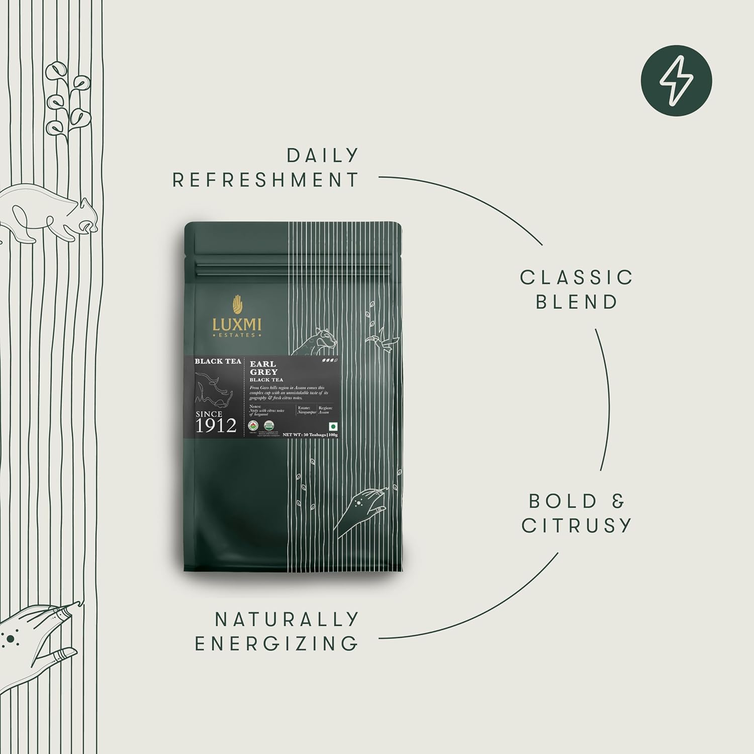 Luxmi Estates Garo Hills Organic Earl Grey Black Tea 50 Tea Bags (100gm) Pack | USDA Organic - Earl Grey Tea Bags | 100% Natural Bergamot Extracts | 50 Cups |Assam Black Tea