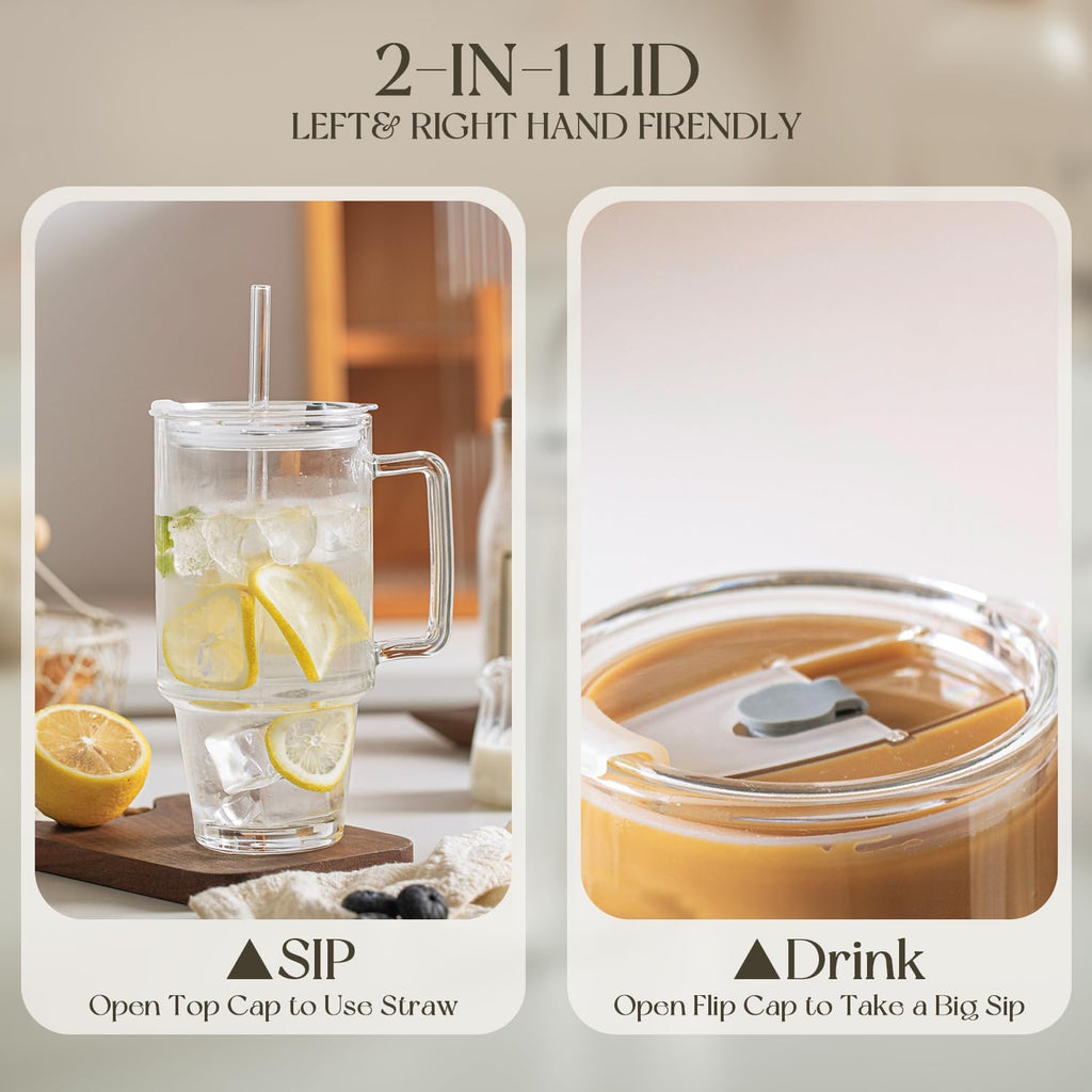 KEMORELA Glass Cups with Lids and Straws 2PCS, 24oz Clear Tumblers with Handle, Reusable Drinking Glasses for Iced Coffee, Tea, Water, Leak Proof Lid, Dishwasher Safe