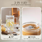 KEMORELA Glass Cups with Lids and Straws 2PCS, 24oz Clear Tumblers with Handle, Reusable Drinking Glasses for Iced Coffee, Tea, Water, Leak Proof Lid, Dishwasher Safe