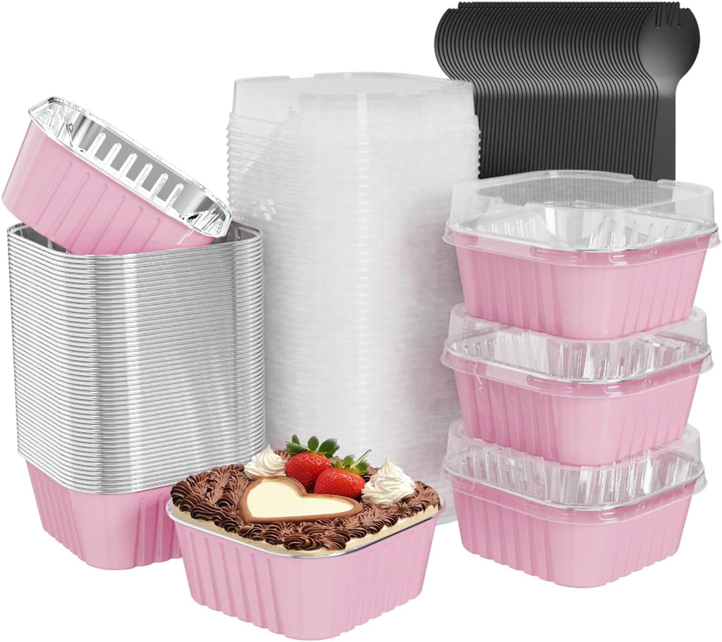 50 Pack Square Mini Cake Pans with Lids,Mini Loaf Pans with Lids,Aluminum Foil Baking Cups,Disposable Ramekins Cupcake Cups,Dessert Cups for Wedding Birthday Party Picnics,5oz (Pink)