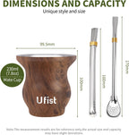 Yerba Mate Cup Set, Include Stainless Steel Double-Wall Mate Gourd with 2 Bombilla Straws and Cleaning Brush, 7.8oz Capacity (Wood Grain)
