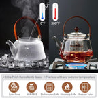 40oz Glass Teapot with Anti-Drip Spout, Peach Wood Handle and Lid, Heat-Resistant Borosilicate Glass, Dual Infusers for Steaming and Boiling