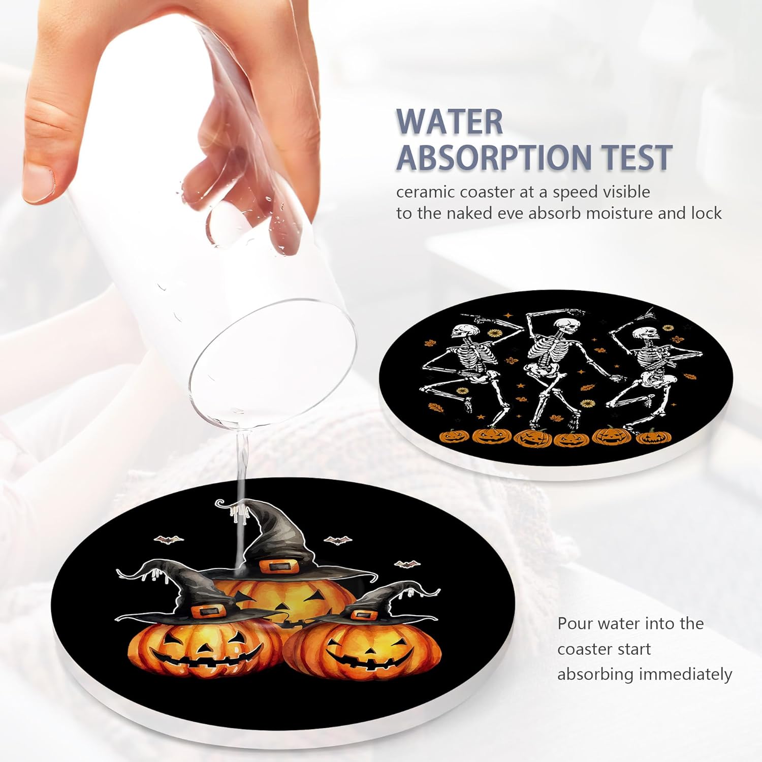 Coaster for Drinks Set of 6, Halloween Skeleton Skull Pumpkin Absorbing Round Ceramic Stone Coaster with Cork Base,Tabletop Protection Mat for Mugs and Cups,Coffee Table Wine Glass Home Bar 4 Inch