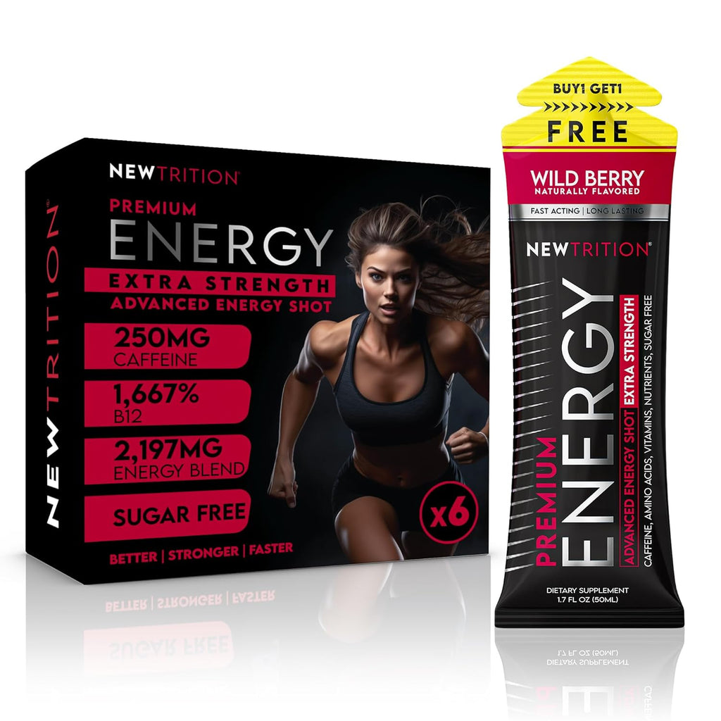 NewTrition® Extra Strength Energy Shots, 250mg Caffeine Energy Shots with Vitamin B & Amino Acids, Sugar-Free Vitamin Energy Shot, 1.7 fl oz (Pack of 6, Wild Berry)