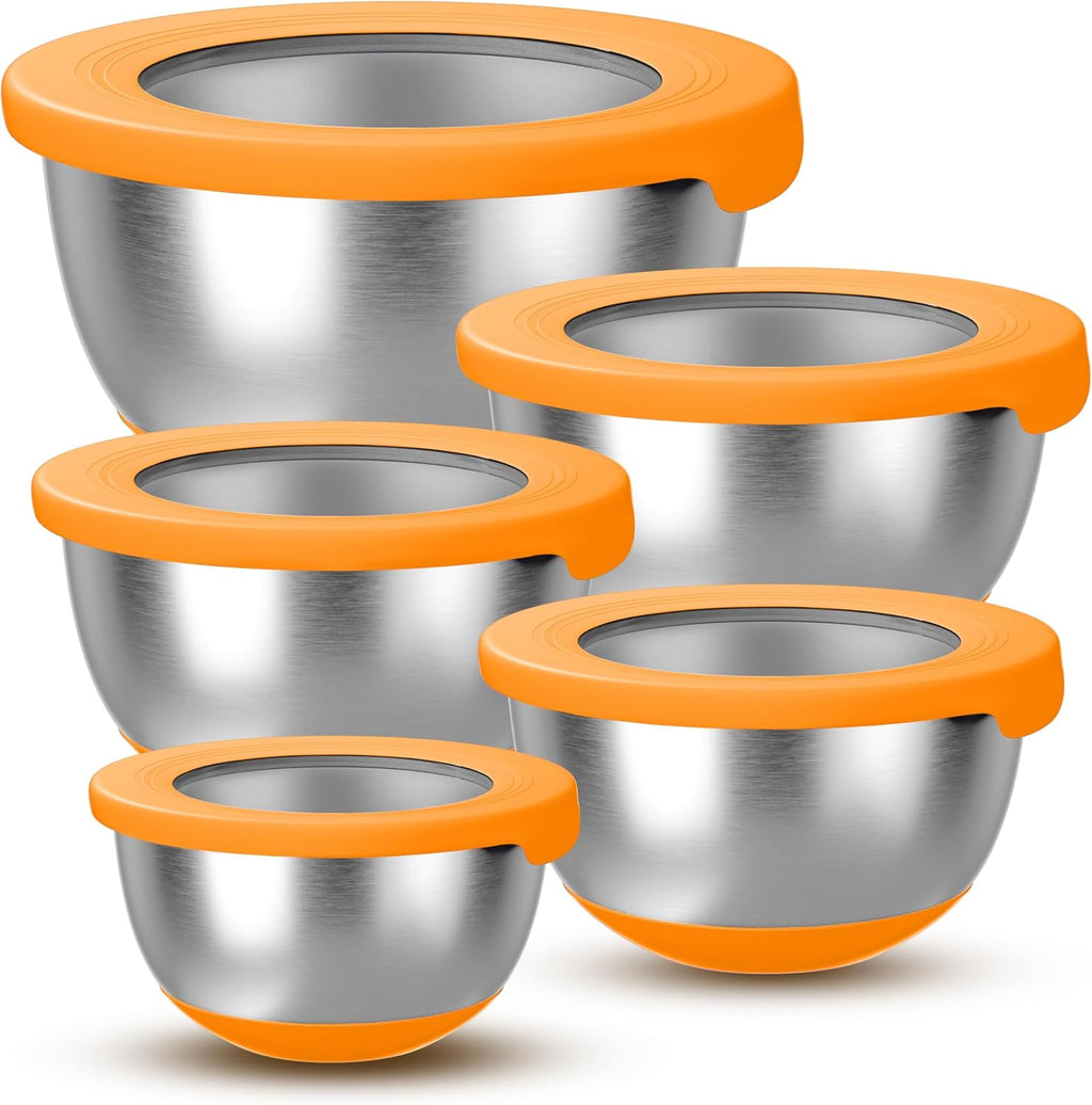 Stainless Steel Mixing Bowls with Lids – Set of 5 Large Nesting Metal Bowls for Kitchen, Baking, Cooking, Food Prep & Storage, Non-Slip Base, Dishwasher Safe,Orange