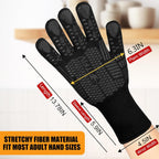 BBQ Gloves, Oven Gloves, Extreme Heat Resistant Barbecue Gloves, Silicone Non-Slip Oven Mitts, Kitchen Gloves for Cooking, Grilling, and Baking (Black)