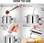 Small French Press Coffee Maker 600ml, Double-Wall Insulated French Press Coffee Press Stainless Steel for travel camping, Included 2 Extra Fliters and 1 Coffee Spoon (2-4cup, 20 OZ)