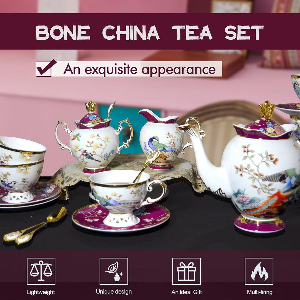 ACMLIFE Fine Bone China Tea Set for Adults with Teapot, Porcelain Tea Sets 21-Piece Vintage Floral English Tea Set for 6, China Tea Sets 24K Gold Bone China Tea Pot and Cups Set Gifts for Women