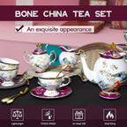 ACMLIFE Fine Bone China Tea Set for Adults with Teapot, Porcelain Tea Sets 21-Piece Vintage Floral English Tea Set for 6, China Tea Sets 24K Gold Bone China Tea Pot and Cups Set Gifts for Women