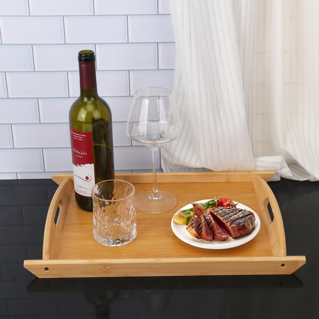 4 Pack 17.3 Inch Large Bamboo Serving Tray with Handle, Decorative Bamboo Breakfast Tray for Breakfast, Kitchen, Outdoor Picnic, Snack (17.3 x 12 x 1.2 Inch)