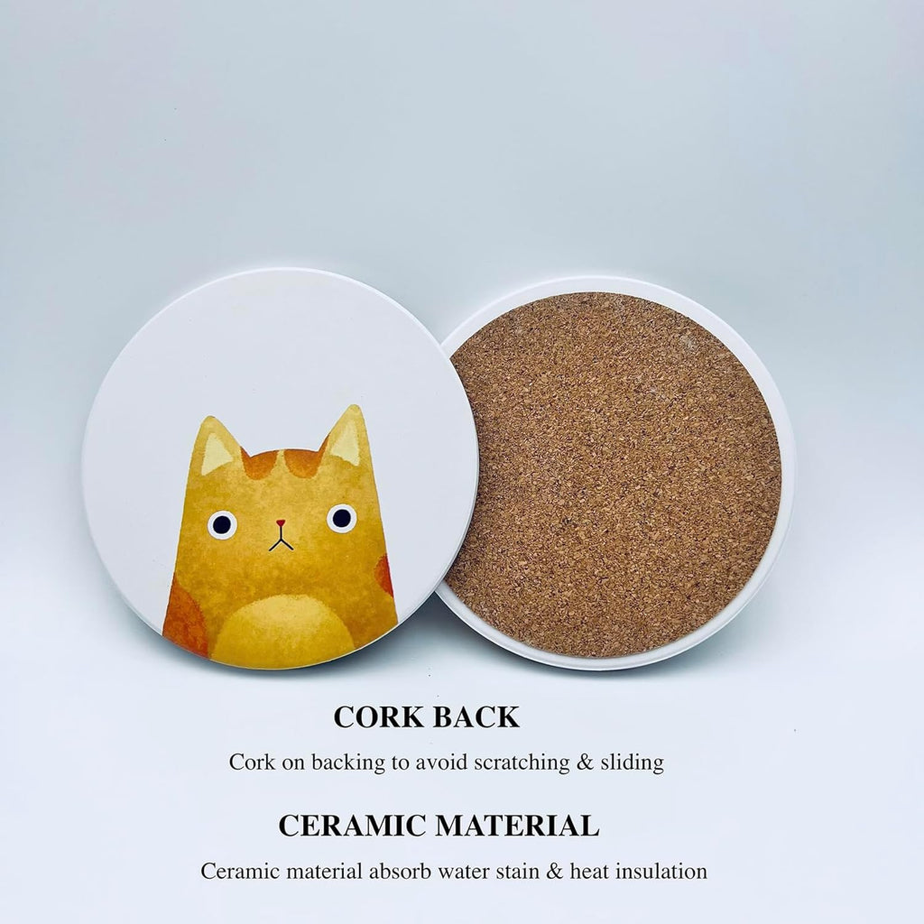 Coasters Set of 6 Round Ceramic Stone Absorbent Cute Cat Drinks Coasters for Cups and Mugs, Coffee Table, Office Desk, Outdoor Patio Table, Tabletop Surface Protection