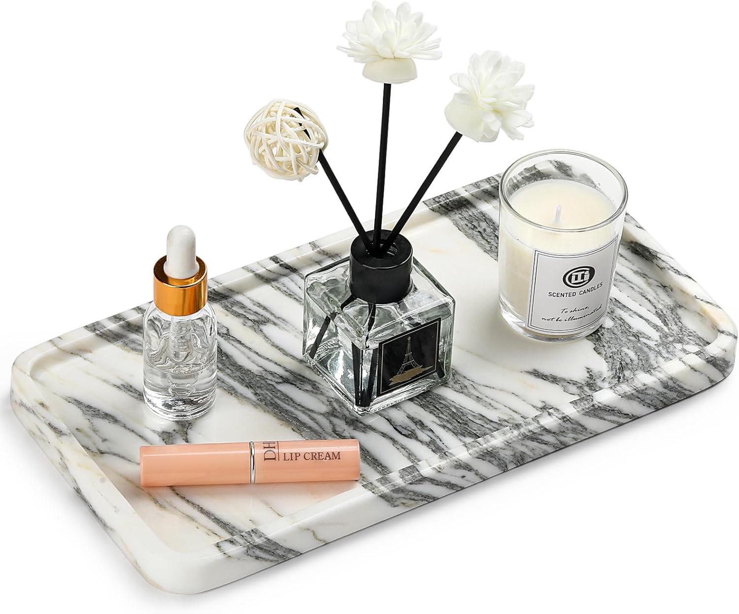 Natural Marble Vanity Tray - Moujings Genuine Marble Perfume Tray for Bathroom Decor, Stone Bathroom Vanity Organizer Tray for Kitchen Counter, Candles, Jewelry, Coffee, Makeup, Key