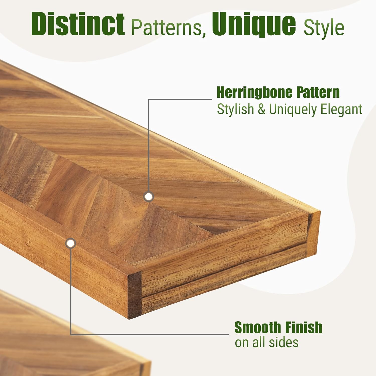 36" Acacia Chevron Floating Shelves Set of 2 - Wall Mounted Wooden Shelf for Stylish Home Décor - Natural Color - 36x6.7x1.5 Inches