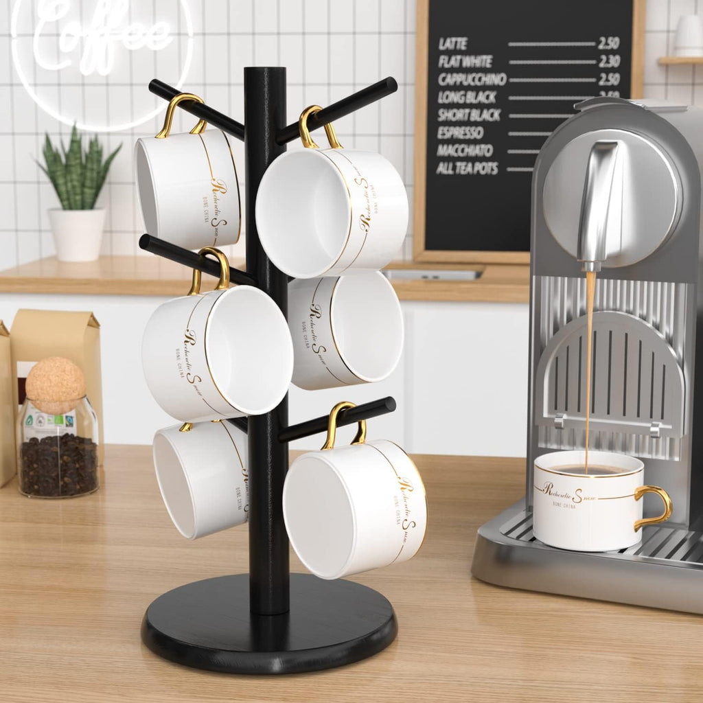 Wisuce Black Coffee Mug Tree Bamboo Mug Holder Coffee Cup Stand Mug Holders for Countertop Coffee Mug Rack Organizer Stand (Black Basic)