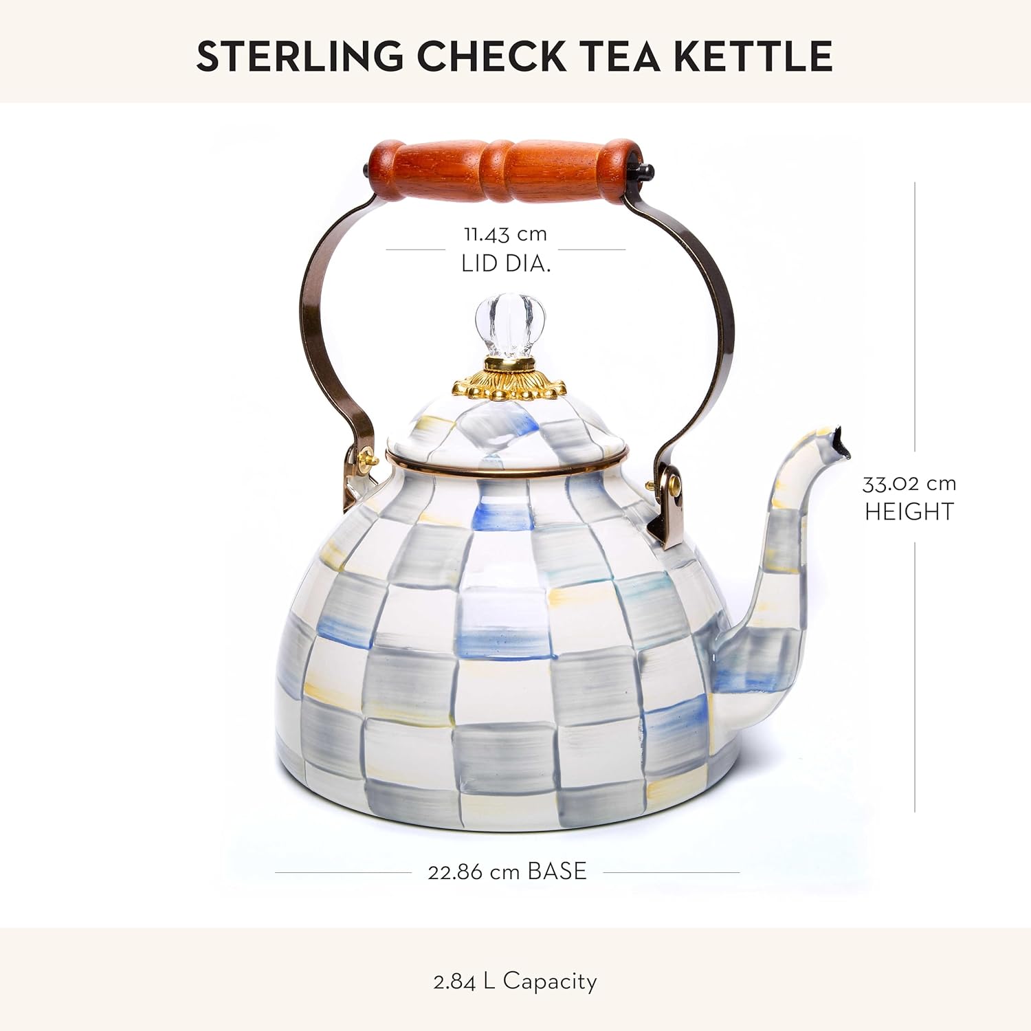 MACKENZIE-CHILDS Enamel Tea Kettle, Stylish Tea Kettle for Stovetop, Grey-and-White Sterling Check, 3 Quarts