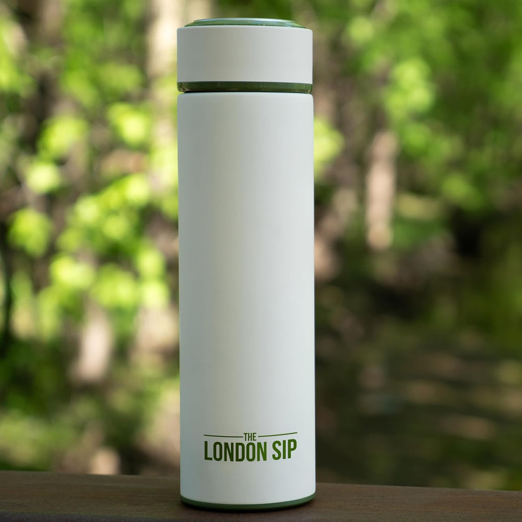 London Sip 16.9 oz Multi-Purpose Tea Infuser Mug – Fruit Infuser Water Bottle for Hot and Cold – Double Wall Stainless Steel Insulated, Safari Beige