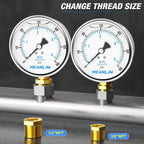 MEANLIN MEASURE 0~60Psi Stainless Steel 1/4" NPT 4" FACE DIAL Liquid Filled Pressure Gauge, Pool Sand Filter Water Pump Pressure Test Lower Mount, with 1/2" NPT and 3/8" NPT Hex Bushing