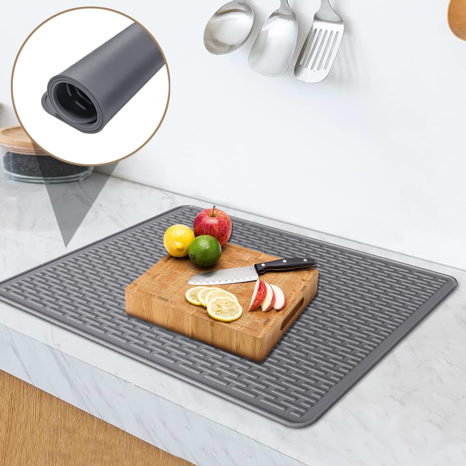 Golener Silicone Large Dish Drying Mat - 28" x 20" Stove Top Protector for Electric Stove, Food Grade, Foldable, Easy Clean, Heat-resistant Silicone Mat for Glass Stove Cooktop, Stove Top Cover, Grey