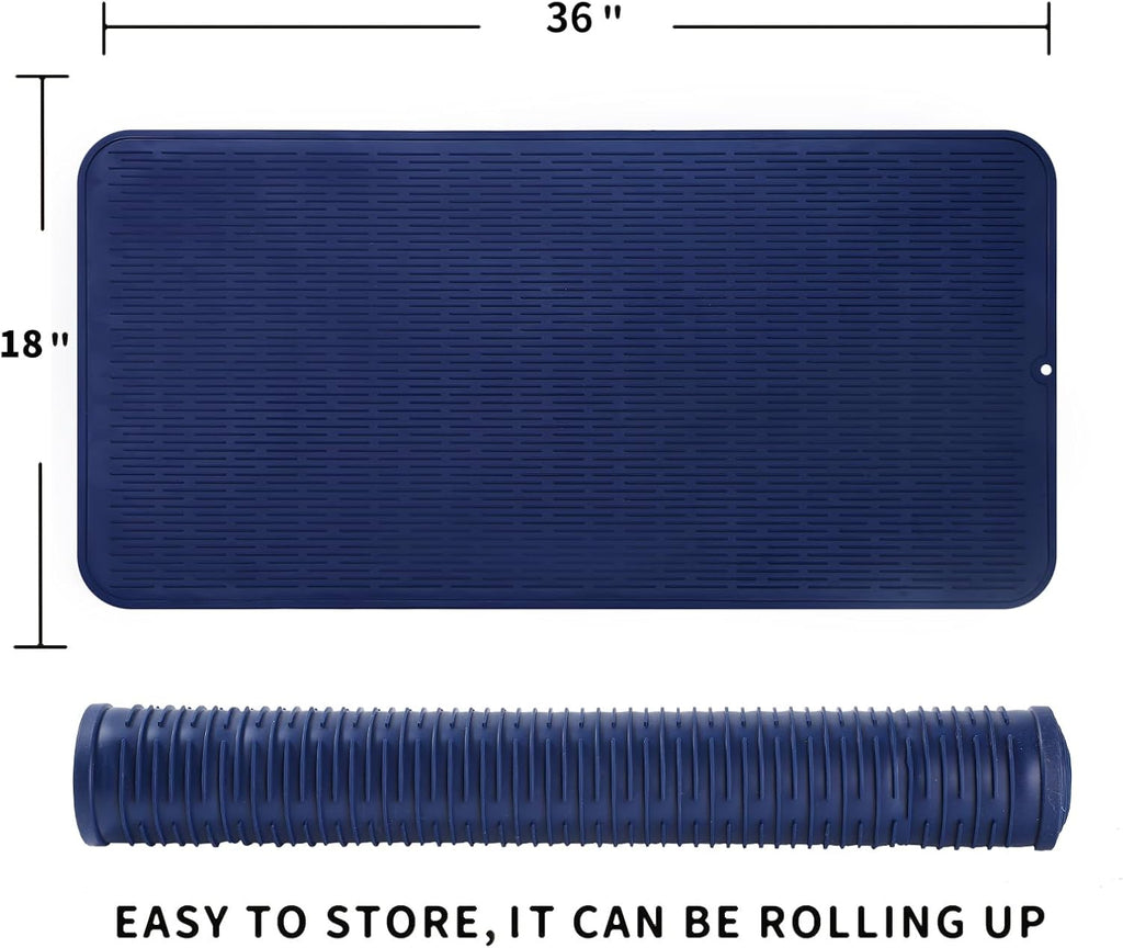 Silicone Dish Drying Mat for Multiple Usage,Easy clean,Eco-friendly,Heat-resistant Silicone Mat for Kitchen Counter or Sink,Refrigerator or Drawer Liner Navy Blue 5XL 36inches x 18inches