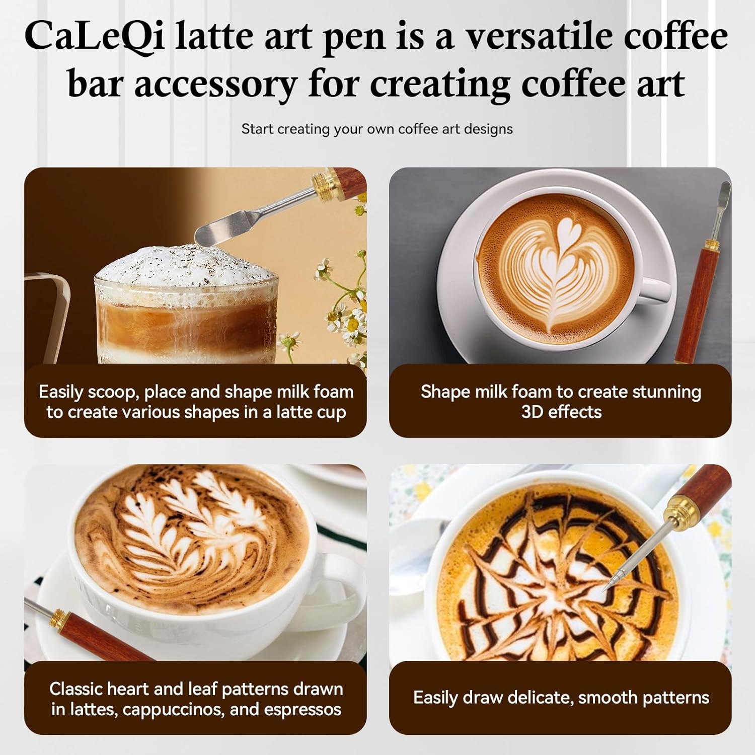 Latte Art Pen 1Pcs,Stainless Steel and Brass with Rosewood Handle of Tools - Barista Tools for Art on Latte,Cappuccino,Espresso - Perfect Coffee Accessories for Coffee Bar