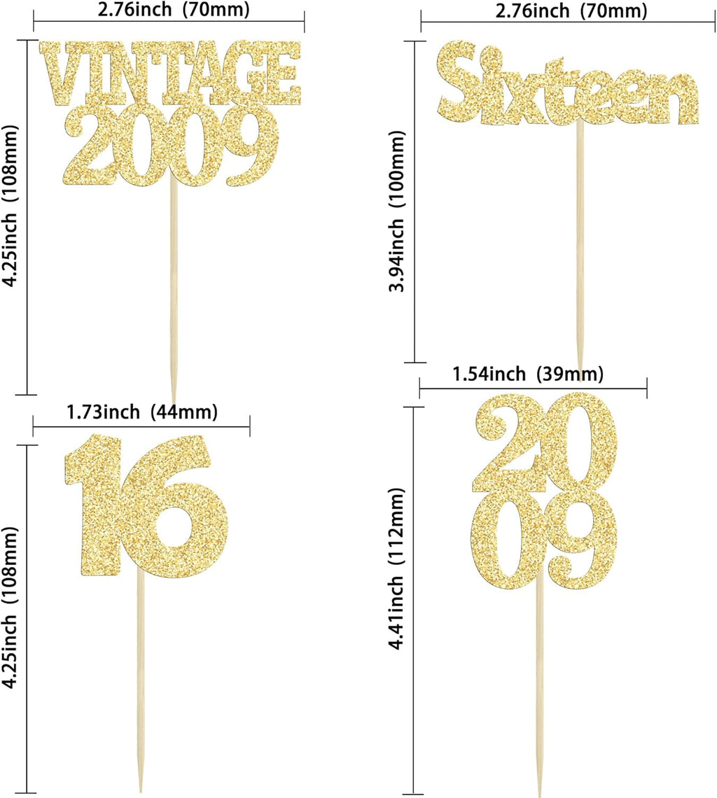 Gyufise 24Pcs Sweet 16 Cupcake Toppers Glitter Sixteen Vintage 2009 16th Birthday Cupcake Picks Hello 16 Years Birthday Cake Decorations for Happy 16th Anniversary Party Supplies Gold