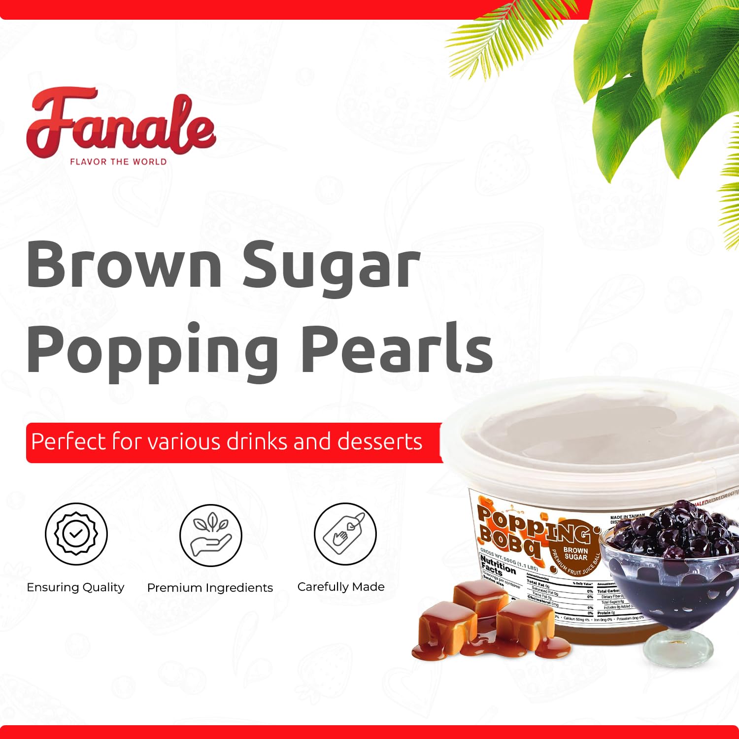 Fanale Brown sugar Popping Boba Pearls, Vegan, Non GMO, Gluten Free, Fat Free, Perfect for Bubble Tea, Smoothies, Ice Cream, Desserts, and Beverages