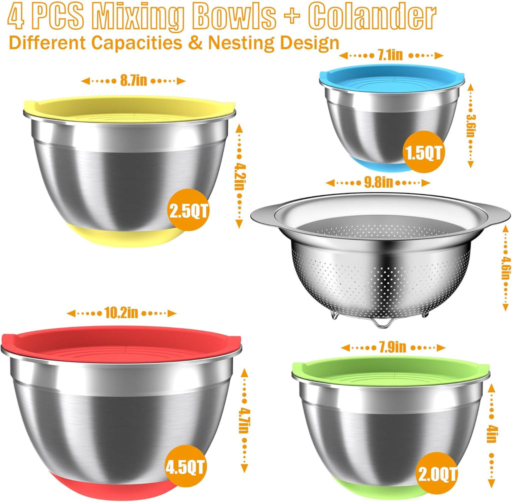 Mixing Bowls with Airtight Lids Set, 4 Stainless Steel Bowls Nesting Bowls & Colander, Kitchen Organizers and Storage Non-Slip Bottom, Size 1.5/2.0/2.5/4.5QT, Great for Mixing & Serving, Multicolor