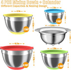 Mixing Bowls with Airtight Lids Set, 4 Stainless Steel Bowls Nesting Bowls & Colander, Kitchen Organizers and Storage Non-Slip Bottom, Size 1.5/2.0/2.5/4.5QT, Great for Mixing & Serving, Multicolor