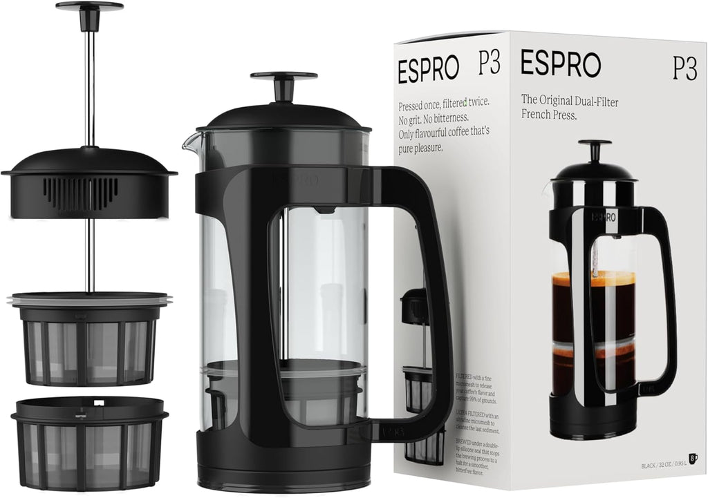 ESPRO - P3 French Press Coffee Maker – Patented Double Microfilter for Sludge and Grit Free Coffee, Black, 32 oz