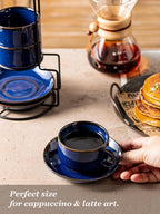Gomakren 6 Ounce Cappuccino Cups with Saucers and Metal Stand, Stackable Coffee Cup Set of 4, Porcelain Espresso Cups for Coffee Drinks, Cappuccino, Latte, Americano, Tea, Cobalt Blue
