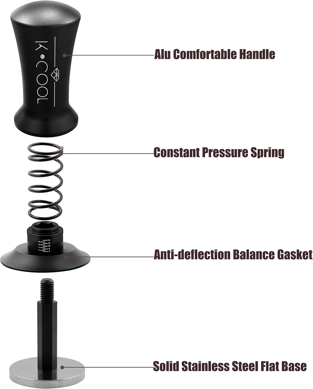 K COO Espresso Tamper, Premium Barista Tools Coffee Tamper with Calibrated Spring 30lb, 100% Stainless Steel Flat Base Tamper with Scale Mark Fits for Breville 54mm Portafilter Basket (53mm, Black)