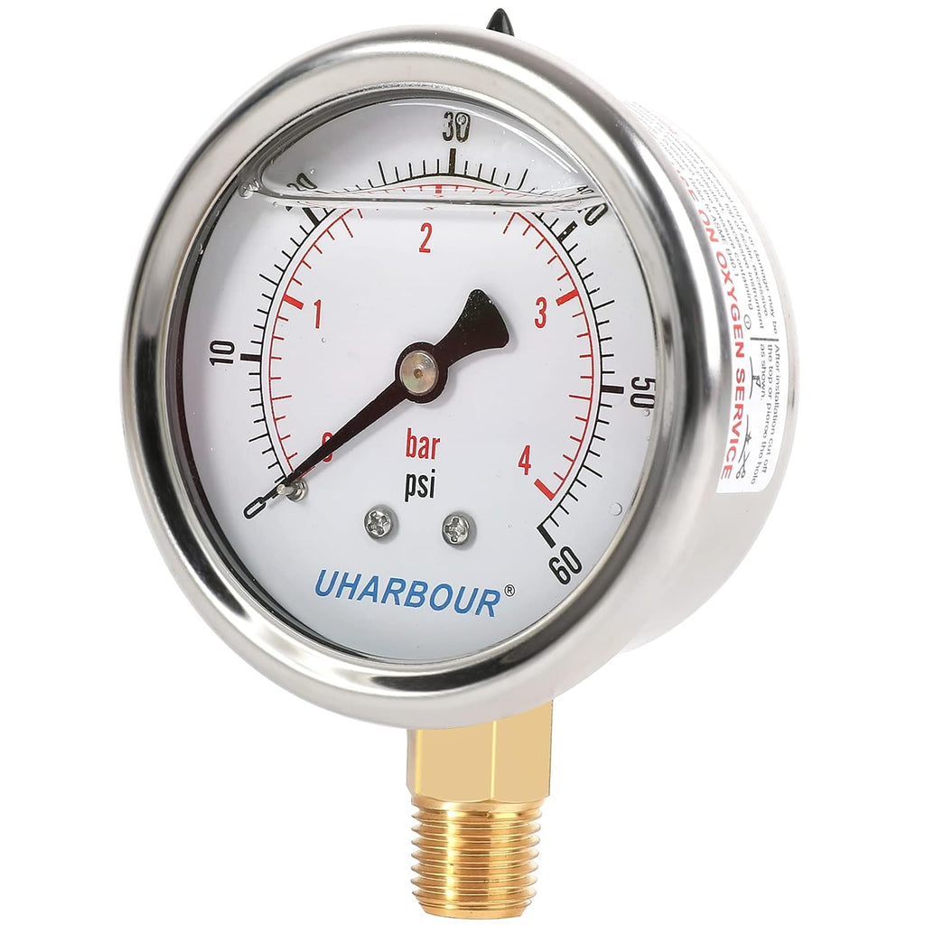 Glycerin Filled Low Pressure Gauge 60psi/4bar, Stainless Steel case, Brass Inside Construction, 2-1/2" dial, 1/4" NPT Rear Connection
