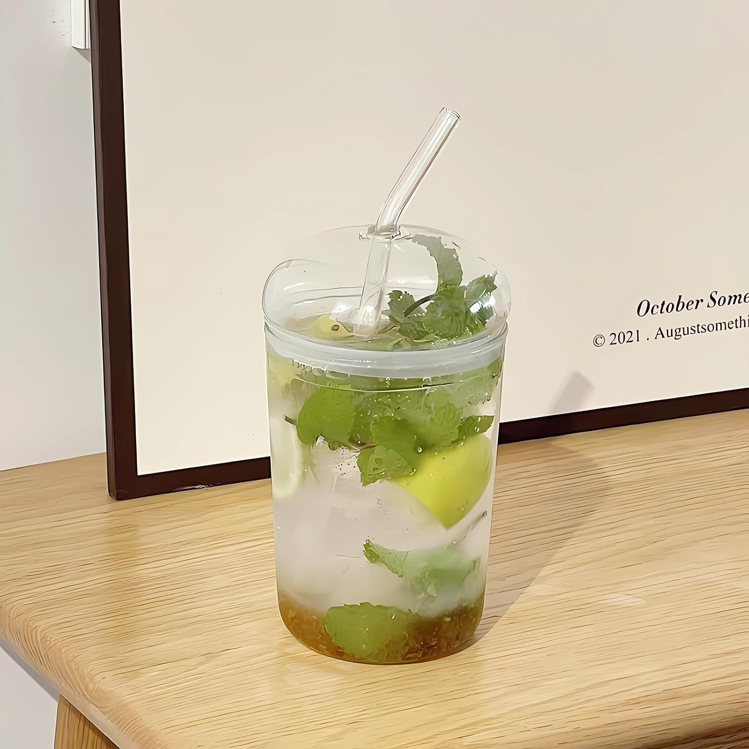 16oz Glass Cup with Glass Lid & Straw - Drinking Glasses for Iced Coffee, Bubble Tea, Matcha, Smoothie, Soda, Water - BPA-Free Glassware with Cleaning Brush, Dishwasher Safe