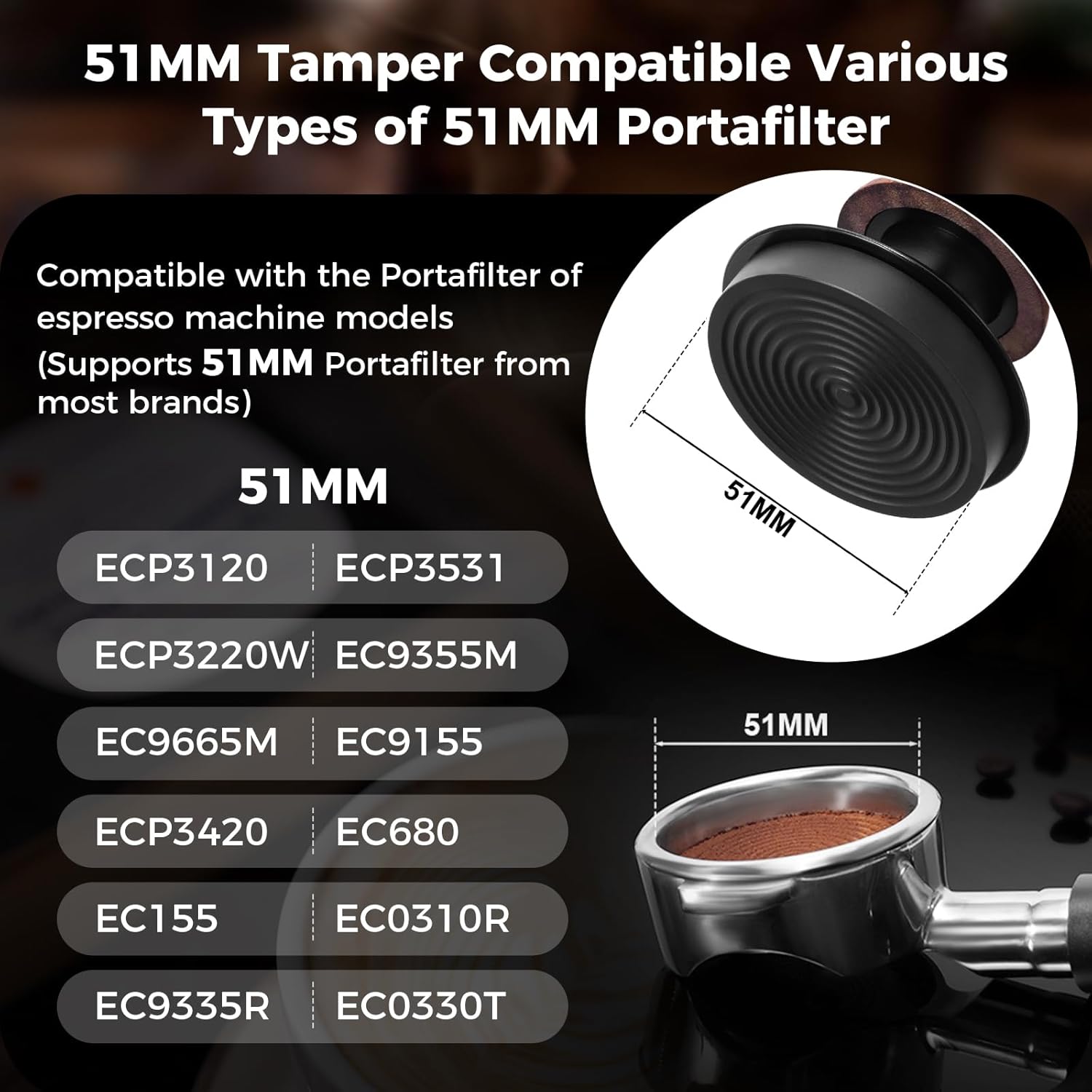 IKAPE 51MM Espresso Tamper Kit 5 IN 1, Elegant Wooden Espresso Tamper, Distributor Set with Tamper Base, Puck Screen, Cleaning Towel, Ideal for Coffee Enthusiasts, Made from Premium Walnut Wood