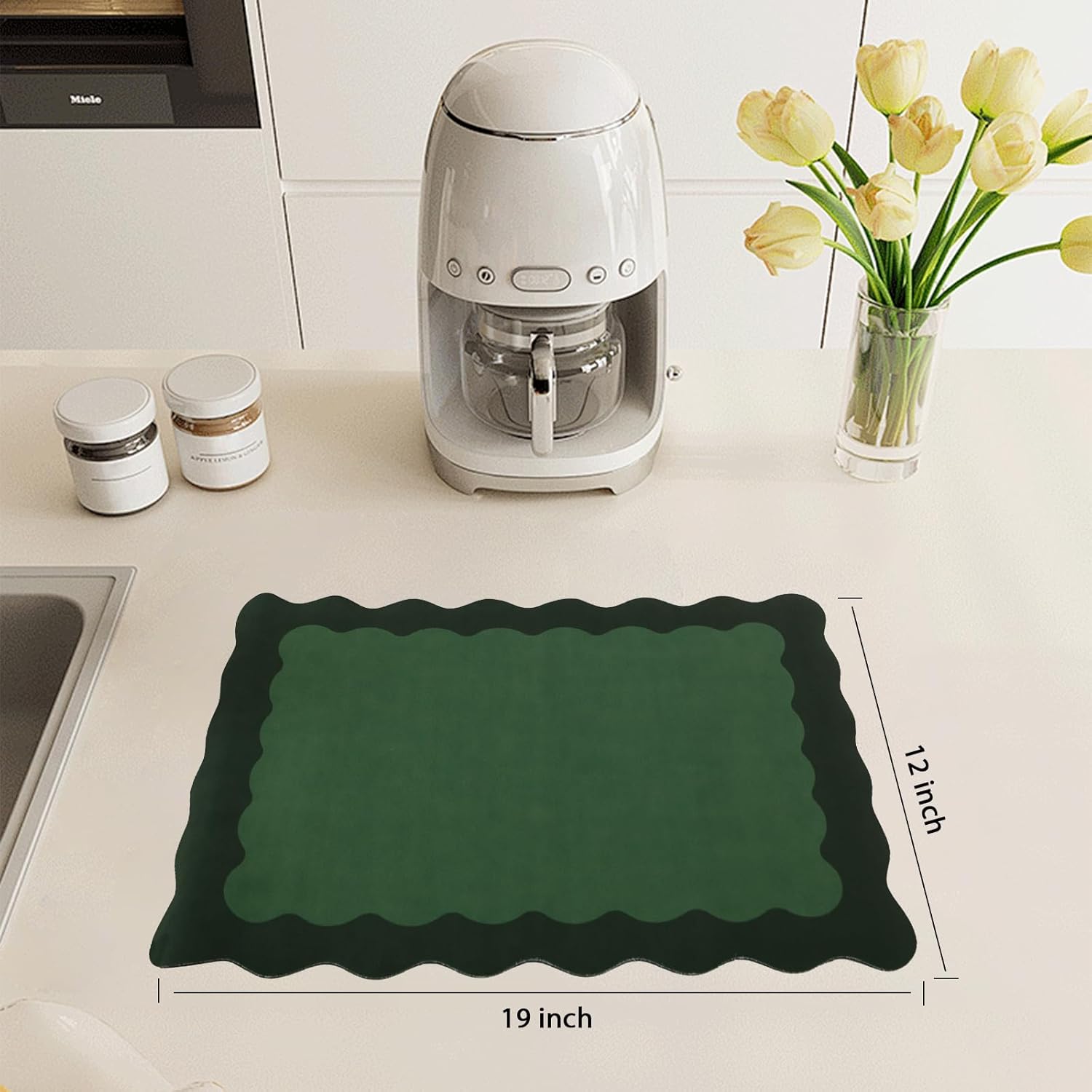 Scalloped Coffee Bar Mat for Countertop, Cute Dish Drying Mats for Kitchen Counter, Diatomite Absorbent, Kitchen Aesthetic Decor (12"x19", Green)