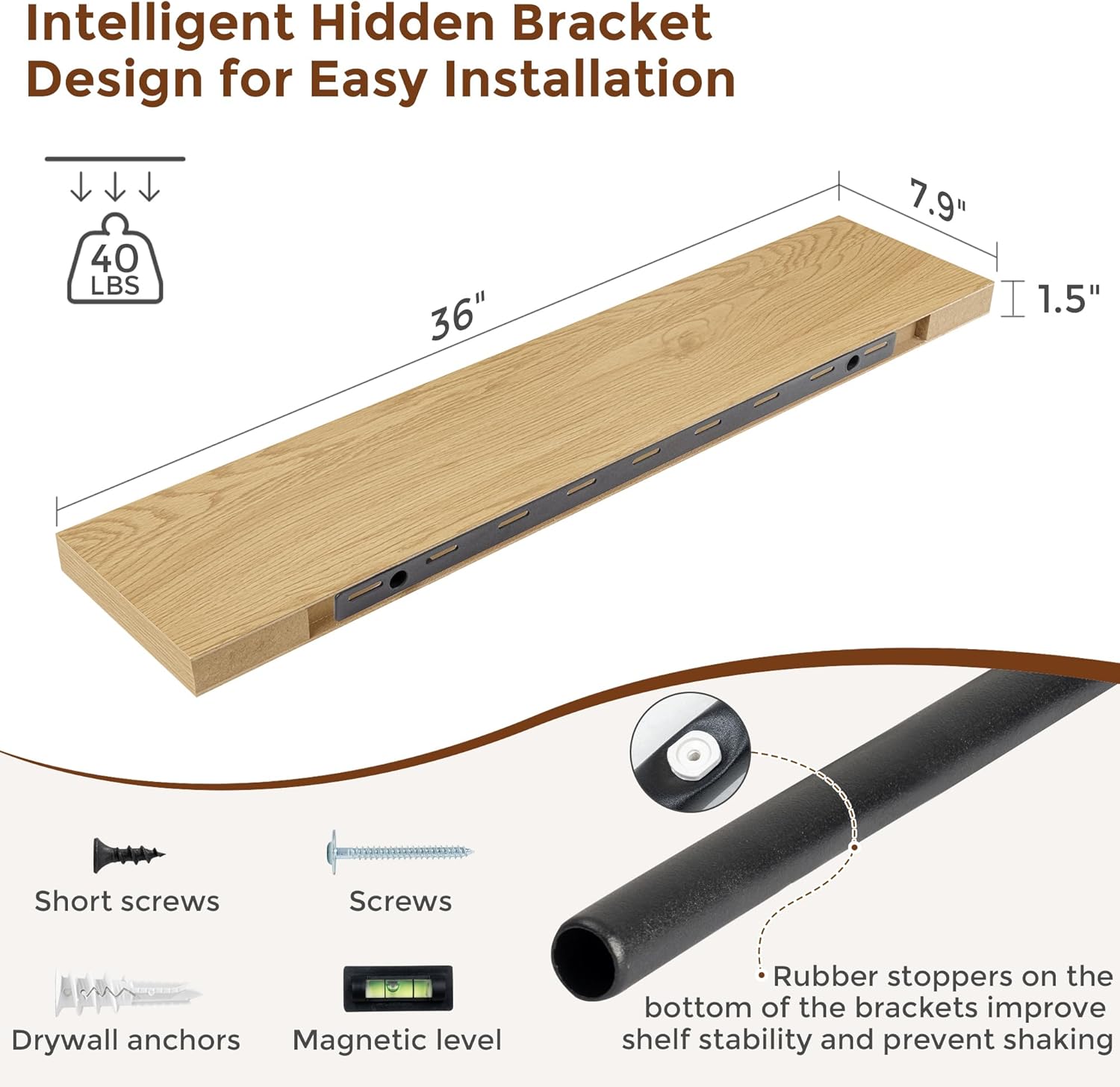 Heimlove 36 Inch Floating Shelves for Wall 8 Inch Deep Oak Shelves Set of 2,Wall Mounted Rustic Wood Long Floating Shelf with Invisible Brackets for Bedroom Kitchen Living Room