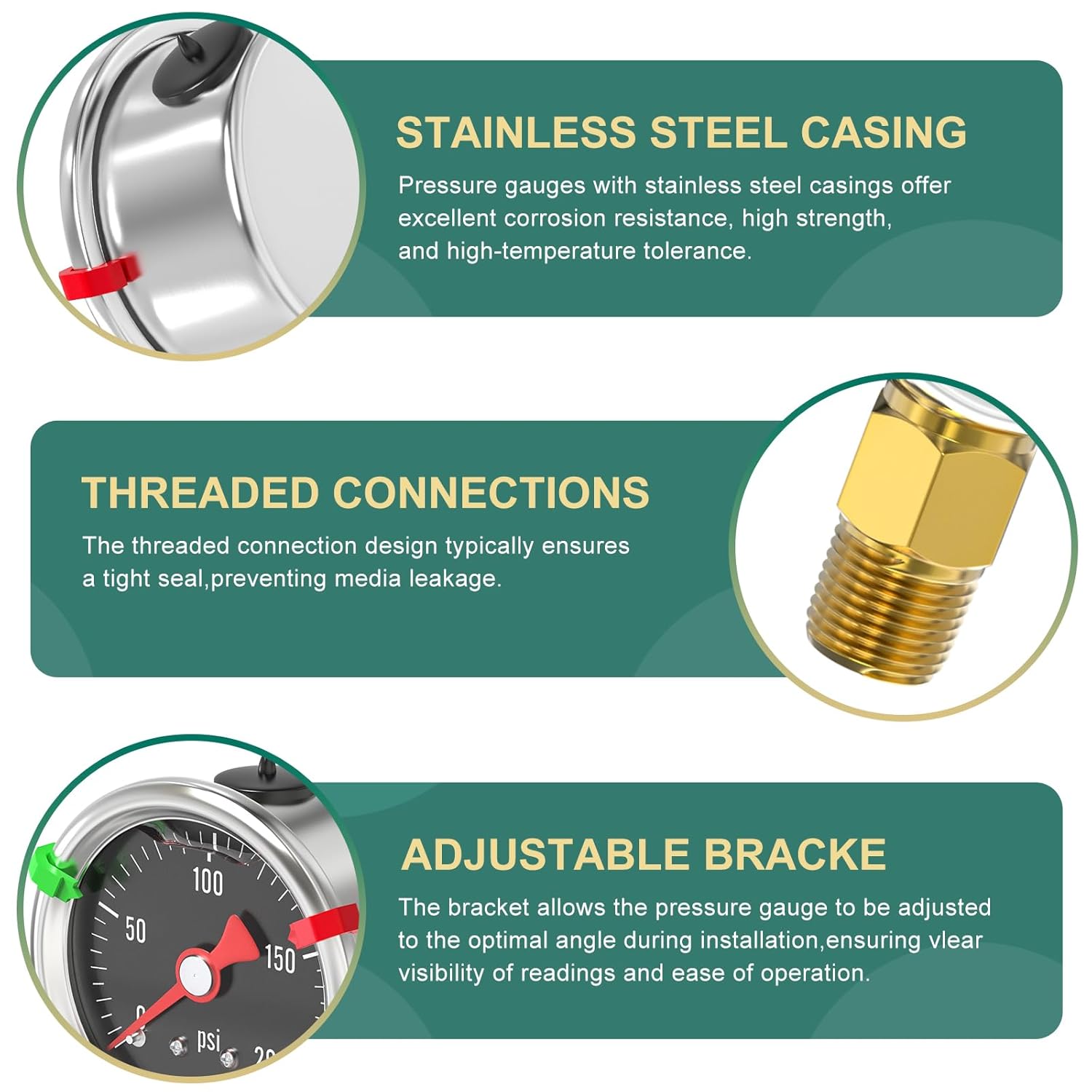 0-200PSI Stainless Steel Glycerin Filled Pressure Gauge 1.5" Black Dial Size, 1/8" NPT Lower Mount, for Tube, Water Pump, Gas, Liquid, Pressure Test (with Range Mark Pointer)