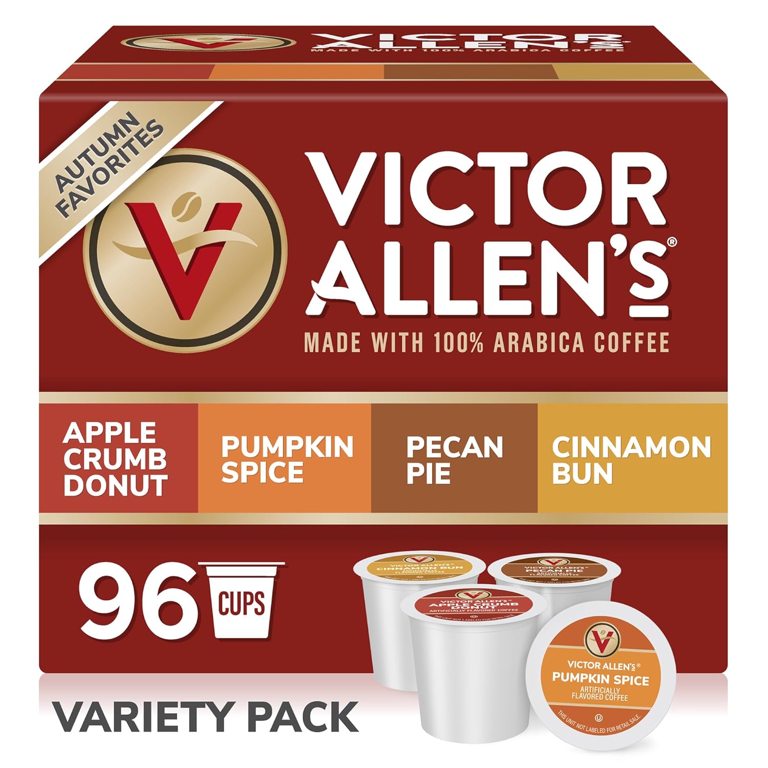 Victor Allen's Coffee Autumn Favorites Coffee Variety Pack SSC (Apple Crumb Donut, Pumpkin Spice, Pecan Pie, Cinnamon Bun), 96 Count, Single Serve Coffee Pods for Keurig K-Cup Brewers