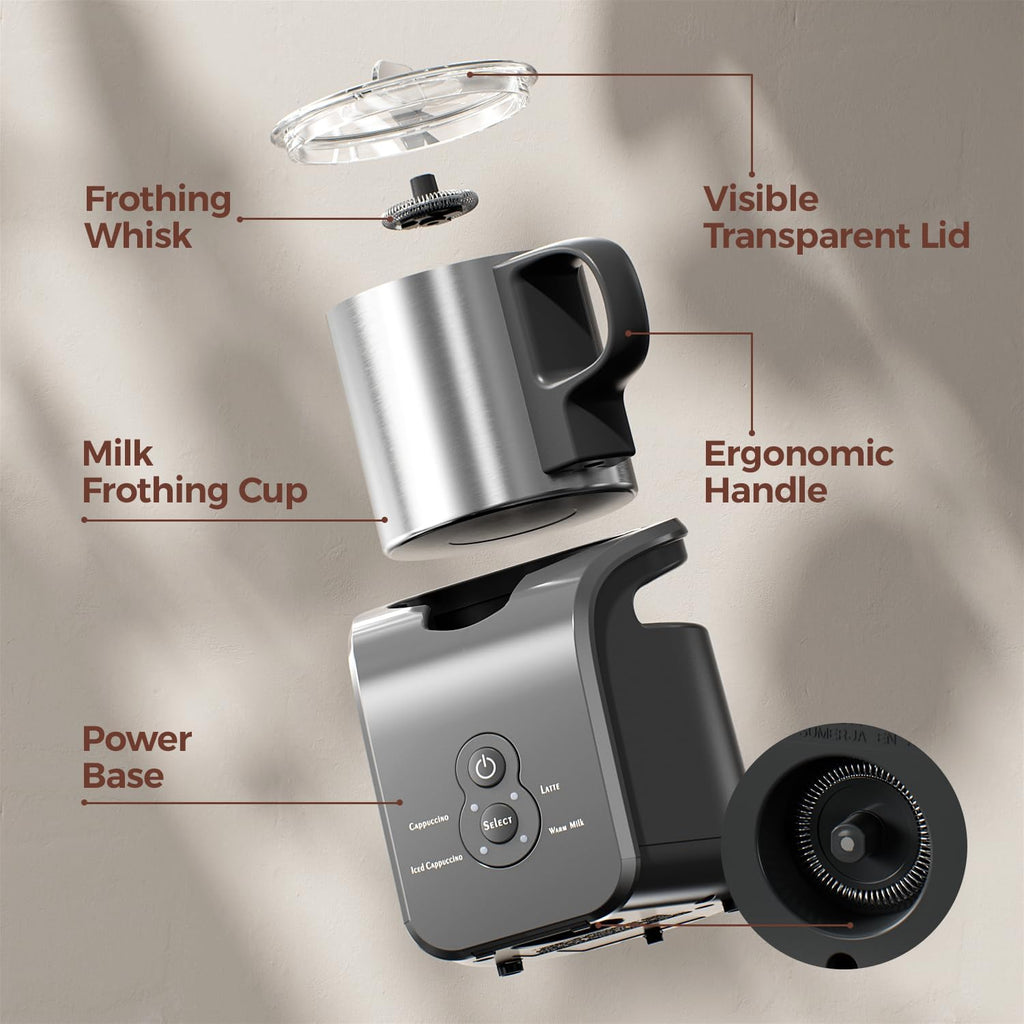 Milk Frother - Electric Steamer, 4-in-1 Automatic Warm and Cold Cappuccino Foam Maker, 12.5oz Milk Warmer for Latte, Macchiato, Stainless Steel