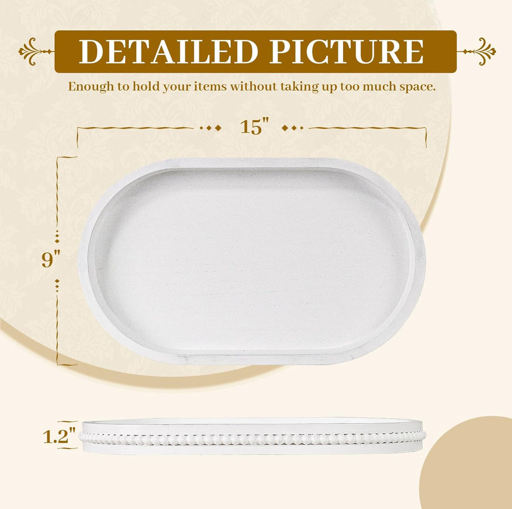 MAONAME Wood Serving Tray, Farmhouse Wooden Tray for Coffee Table, Oval Beaded Trays, White Decorative Trays for Living Room, Kitchen, 15" X 9" X 1.2"
