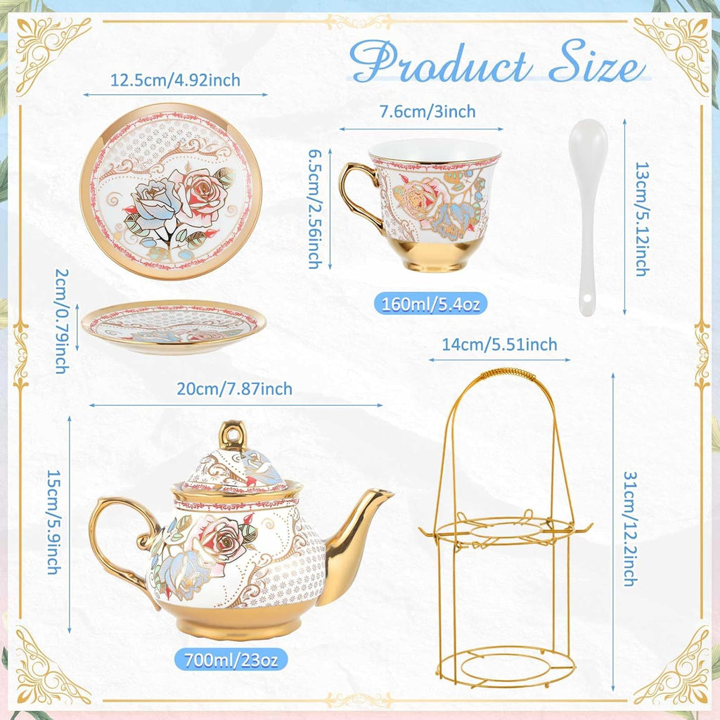 Zhehao 20 Pcs Porcelain Tea Set with Metal Holder and Spoon Adult Ceramic Tea Party Set European Flower Painting Teapot Cup Saucer Spoon Set for Women, Large Version(Minimalist Style)