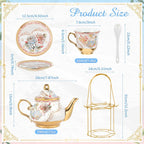 Zhehao 20 Pcs Porcelain Tea Set with Metal Holder and Spoon Adult Ceramic Tea Party Set European Flower Painting Teapot Cup Saucer Spoon Set for Women, Large Version(Minimalist Style)