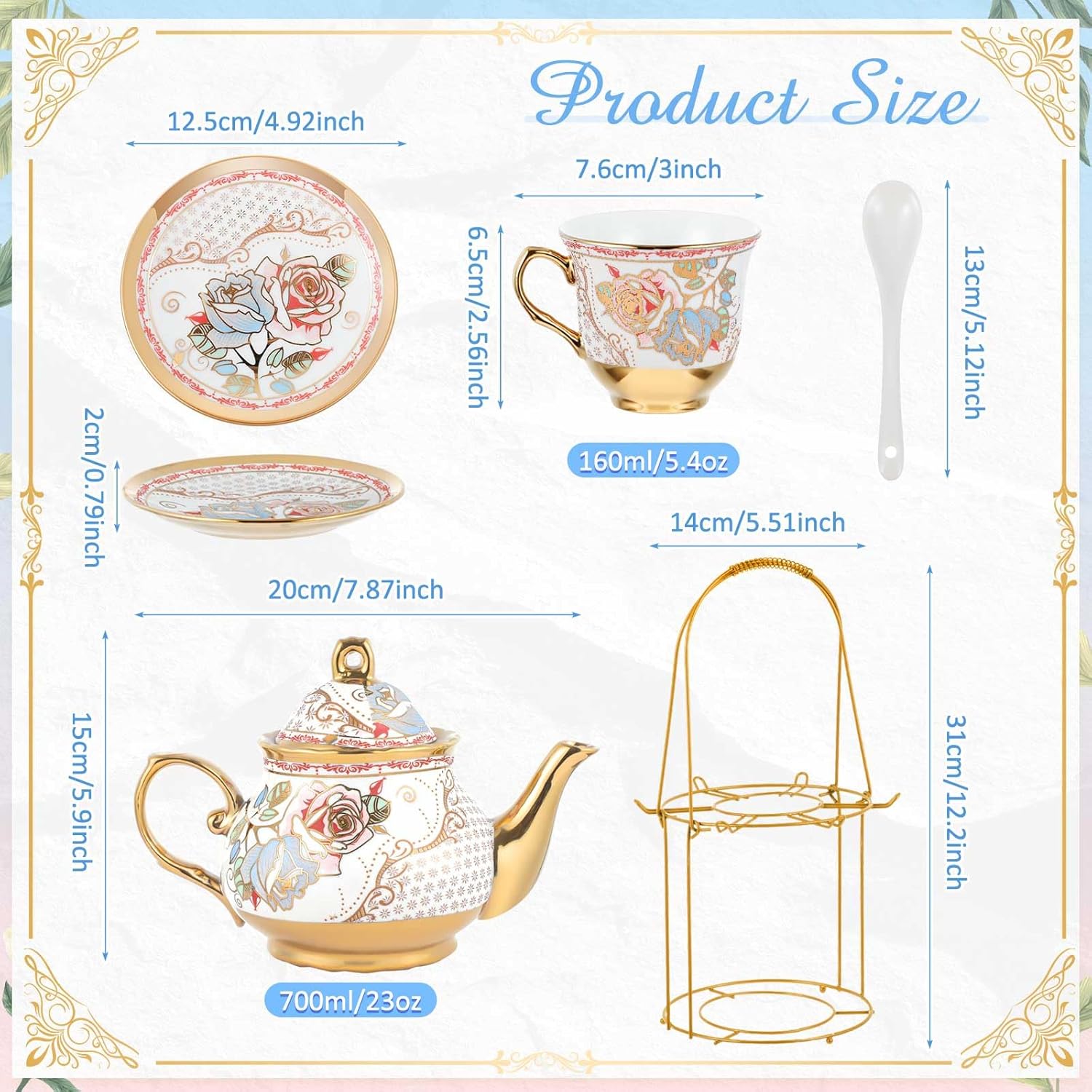 Zhehao 20 Pcs Porcelain Tea Set with Metal Holder and Spoon Adult Ceramic Tea Party Set European Flower Painting Teapot Cup Saucer Spoon Set for Women, Large Version(Minimalist Style)