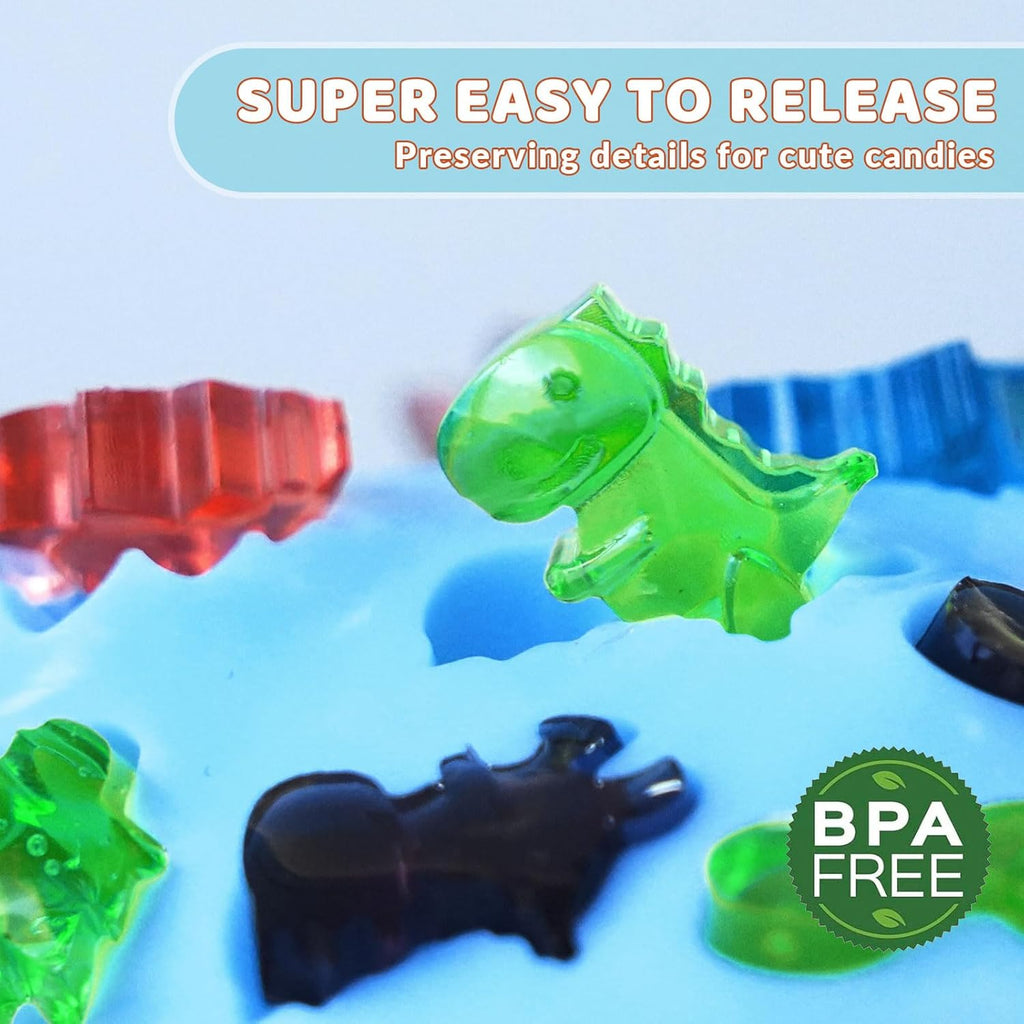 HKNMTT Gummy Dinosaur Molds Silicone, Mini Cute Dinosaur Shaped Candy Chocolate Molds With 2 Droppers, 4 Pack 192 Cavities Non-stick BPA free Bite Size Animal Kid Molds, DIY Candy Making Kit